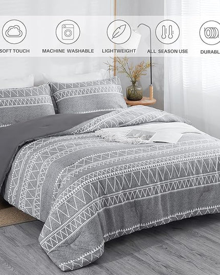 Boho Grey Stirped Comforter Set Queen for Kids Adult, 3 PCS Reversible Bedding Set Gray Comforter with 2 Pillow Shams, Lightweight Breathable for All Seasons(Queen,90x90inches) - LeafyLoom