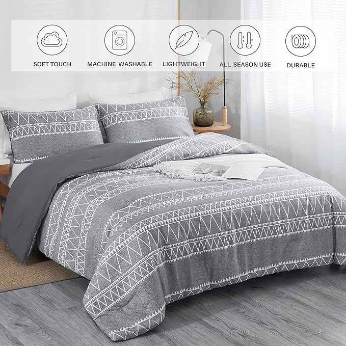 Boho Grey Stirped Comforter Set Twin for Kids Adult, 2 PCS Reversible Bedding Set Gray Comforter with 1 Pillow Sham, Lightweight Breathable for All Seasons(Twin,66x90inches) - LeafyLoom