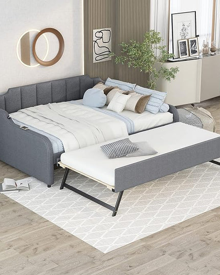 Full Size Daybed Frame with Pop up Trundle,Upholstered Day Bed with Charging Station,Daybed with Trundle Bed Full,Wood Sofa Bed Frame with USB for Bedroom, Living Room,Guest,Office,Full,Gray - LeafyLoom