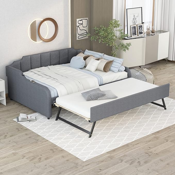Full Size Daybed Frame with Pop up Trundle,Upholstered Day Bed with Charging Station,Daybed with Trundle Bed Full,Wood Sofa Bed Frame with USB for Bedroom, Living Room,Guest,Office,Full,Gray - LeafyLoom