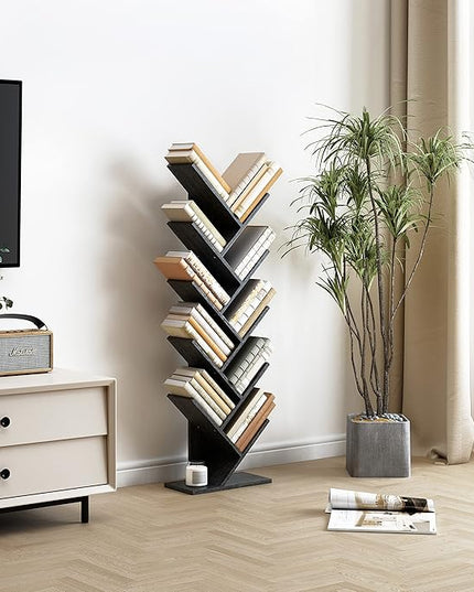 Hoctieon 10 Tier Tree Bookshelf, 10 Shelf Bookcase, Free Standing Tree Bookcase, Display Floor Standing Shelf for Books, Book Organizer Shelves for Home Office, Living Room, Bedroom, Black - LeafyLoom