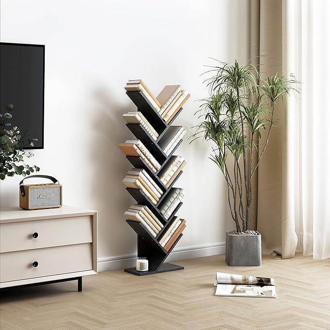 Hoctieon 10 Tier Tree Bookshelf, 10 Shelf Bookcase, Free Standing Tree Bookcase, Display Floor Standing Shelf for Books, Book Organizer Shelves for Home Office, Living Room, Bedroom, Black - LeafyLoom