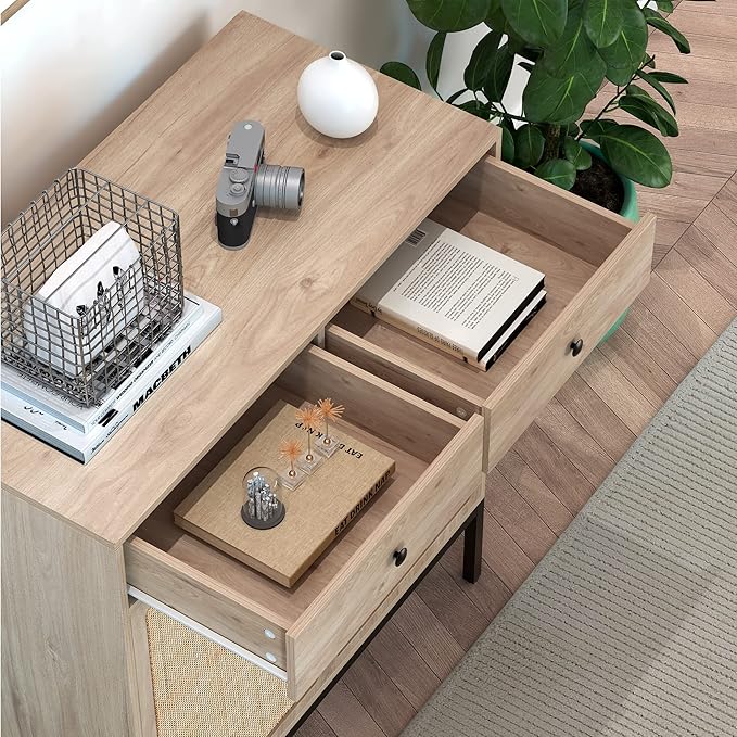 XIAO WEI Sideboard Cabinet with Handmade Natural Rattan Doors and Drawers, Rattan Cabinet Console Table Storage Cabinet Buffet Cabinet, for Kitchen, Living Room, Hallway, Entryway, Natural - LeafyLoom