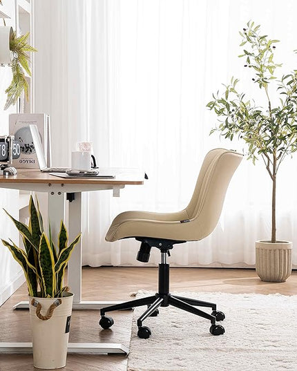 YOUNIKE Office Chair Swivel Desk Chair Upholstered Leather Height Adjustable with Wheels Computer Task Chair Modern Rolling Armless with Back, Beige, Loads 300 lbs - LeafyLoom