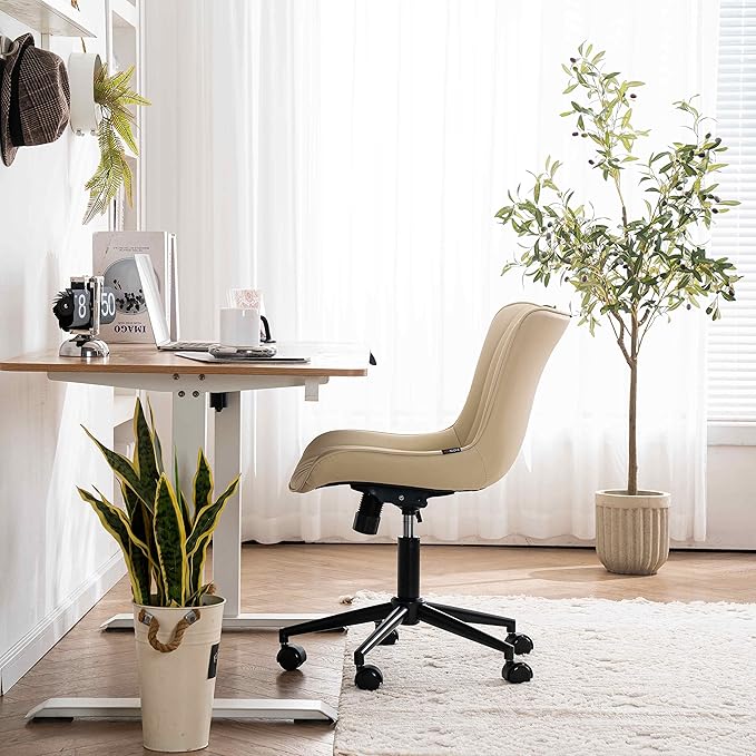 YOUNIKE Office Chair Swivel Desk Chair Upholstered Leather Height Adjustable with Wheels Computer Task Chair Modern Rolling Armless with Back, Beige, Loads 300 lbs - LeafyLoom