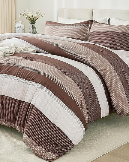 Litanika Brown Comforter Set California King - 3 Pieces Lightweight Brown White Colorblock Stripe Fluffy Bedding Comforter Sets, All Season Bed Set - LeafyLoom