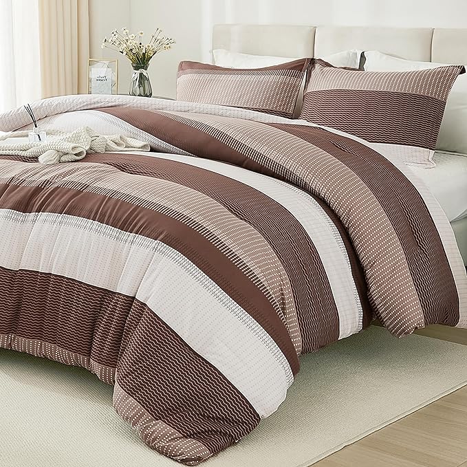 Litanika Brown Comforter Set Queen - 3 Pieces Lightweight Brown White Colorblock Stripe Fluffy Bedding Comforter Sets, All Season Bed Set - LeafyLoom