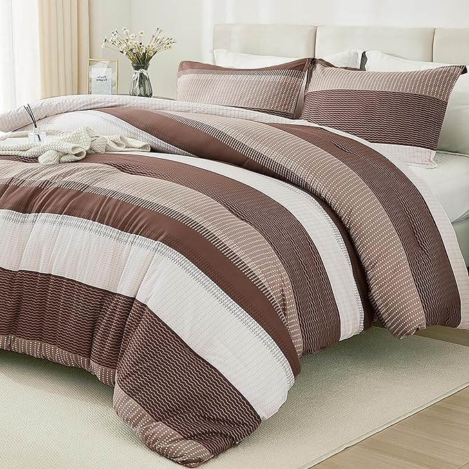 Litanika Brown Comforter Set Twin/Twin XL - 2 Pieces Lightweight Brown White Colorblock Stripe Fluffy Bedding Comforter Sets, All Season Bed Set - LeafyLoom
