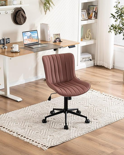 YOUNIKE Armless Office Chair with Wheels Leather Swivel Desk Chair Upholstered Adjustable Computer Task Chair Modern Rolling Vanity Chair Rocking Gaming Chair Dusty Rose Pink - LeafyLoom