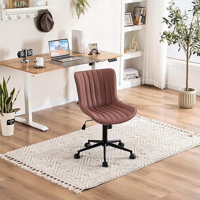 YOUNIKE Armless Office Chair with Wheels Leather Swivel Desk Chair Upholstered Adjustable Computer Task Chair Modern Rolling Vanity Chair Rocking Gaming Chair Dusty Rose Pink - LeafyLoom