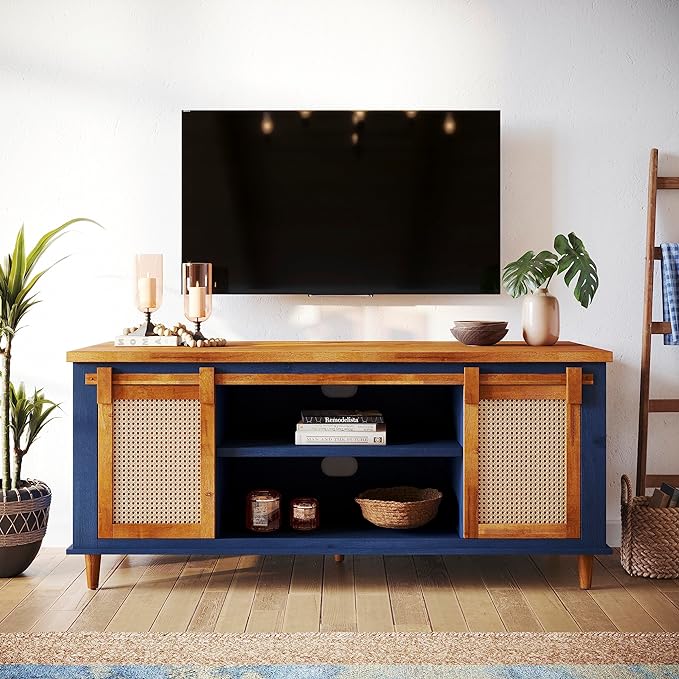 Bme Premium Arvid TV Console Table, Pre-Assembled Entertainment Center for up to 70 inch TV, Solid Wood TV Table with Rattan Sliding Doors, Media Console - LeafyLoom