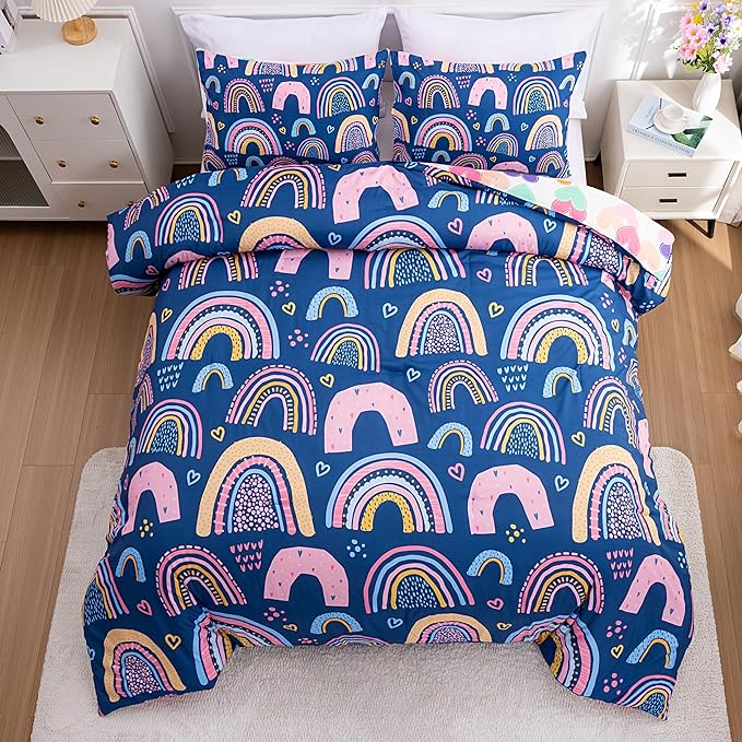 Btargot Lightweight Soft 3 Piece Rainbow Comforter Set with 2 Pillow Covers, Cartoon Love Hearts Suns and Stars Bedding Set for Girls Boys Kids, Full Dark Blue - LeafyLoom