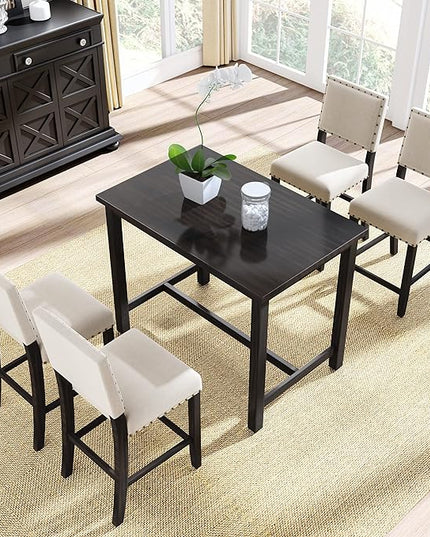 NicBex Small Dining Table Set for 4 Kitchen & Dining Room Tables 5 Piece Rustic Wooden Counter Height Dining Table Set with 4 Upholstered Chairs for Small Places, Espresso - LeafyLoom