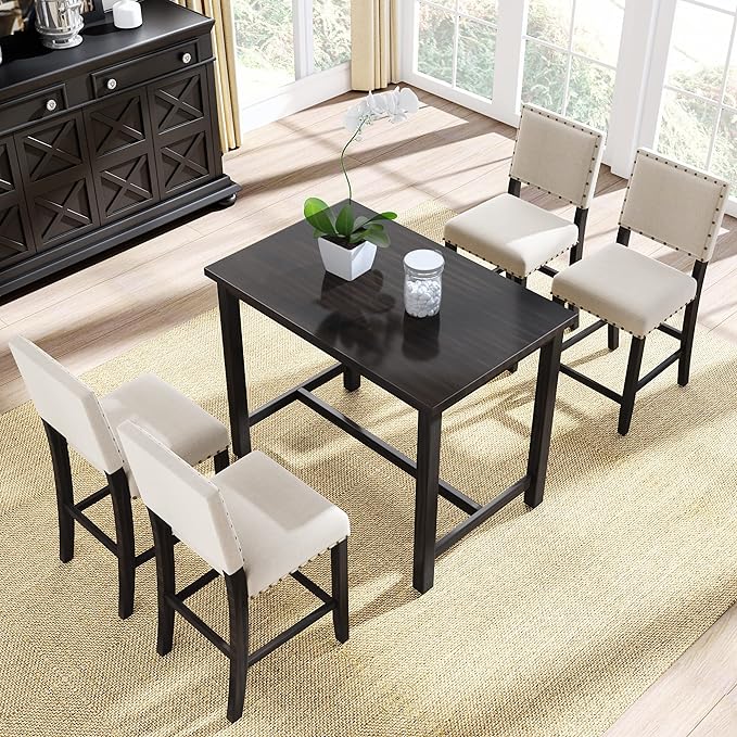 NicBex Small Dining Table Set for 4 Kitchen & Dining Room Tables 5 Piece Rustic Wooden Counter Height Dining Table Set with 4 Upholstered Chairs for Small Places, Espresso - LeafyLoom
