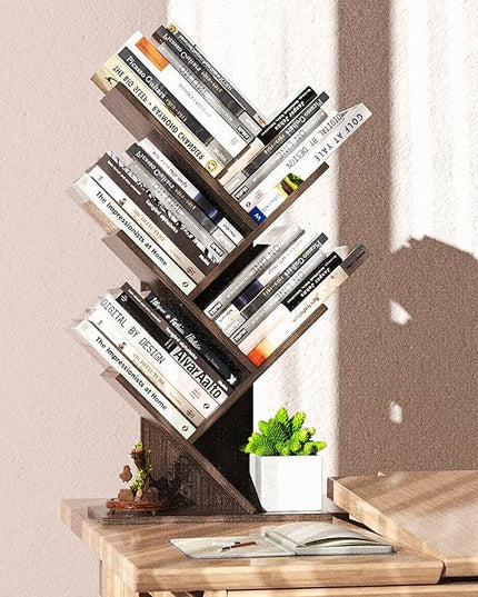 5 Tier Small Tree Bookshelf Desk Book Organizer Narrow Bookcases for Books Magazines CDs Free Standing Retro Wooden Storage Shelves for Home Office Bedroom Living Room Dark Walnut - LeafyLoom