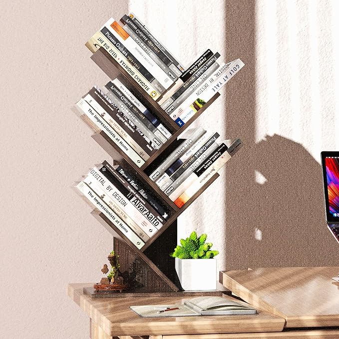 5 Tier Small Tree Bookshelf Desk Book Organizer Narrow Bookcases for Books Magazines CDs Free Standing Retro Wooden Storage Shelves for Home Office Bedroom Living Room Dark Walnut - LeafyLoom