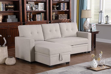 L Shaped Pull Out Sectional Sofa with Storage Chaise, 82 Inch Linen Upholstered Reversible Couch Sleeper Bed, for Living Room, Apartment and Office, Beige, 82 - LeafyLoom