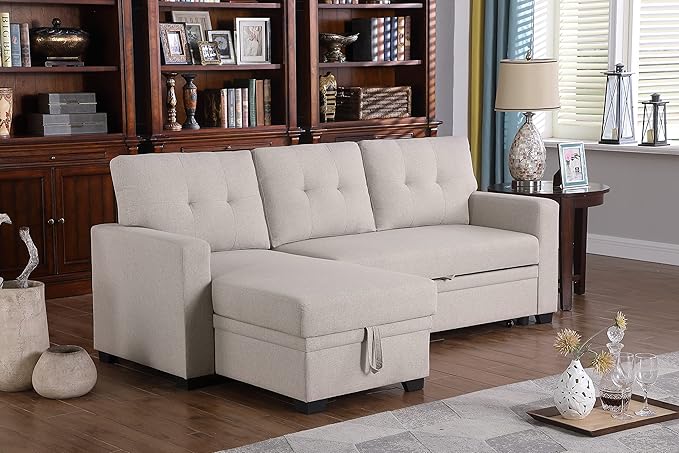 L Shaped Pull Out Sectional Sofa with Storage Chaise, 82 Inch Linen Upholstered Reversible Couch Sleeper Bed, for Living Room, Apartment and Office, Beige, 82 - LeafyLoom