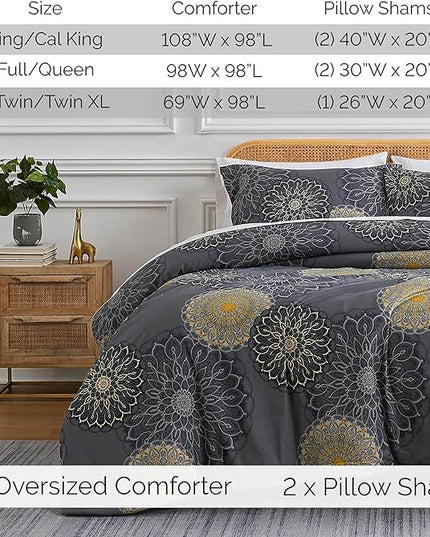Southshore Fine Living, Inc. Oversized Full/Queen Comforter Bedding Set, Down Alternative Boho Bedspread, Paisley Floral Comforter, Full Size/Queen with 2 Matching Shams, Midnight Floral Black - LeafyLoom