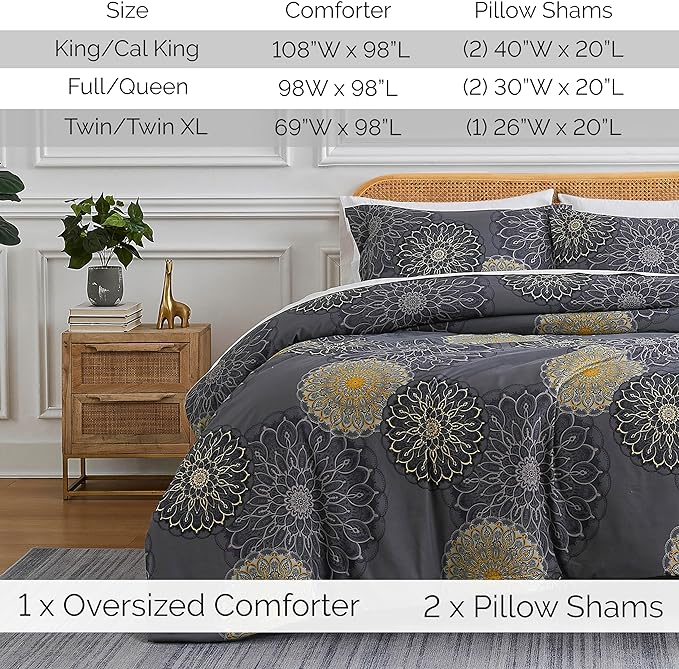 Southshore Fine Living, Inc. Oversized Full/Queen Comforter Bedding Set, Down Alternative Boho Bedspread, Paisley Floral Comforter, Full Size/Queen with 2 Matching Shams, Midnight Floral Black - LeafyLoom