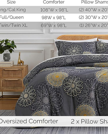 Southshore Fine Living, Inc. Oversized King Comforter Bedding Set, Down Alternative Boho Bedspread, Paisley Floral Comforter, King/California King with 2 Matching Shams, Midnight Floral Black - LeafyLoom