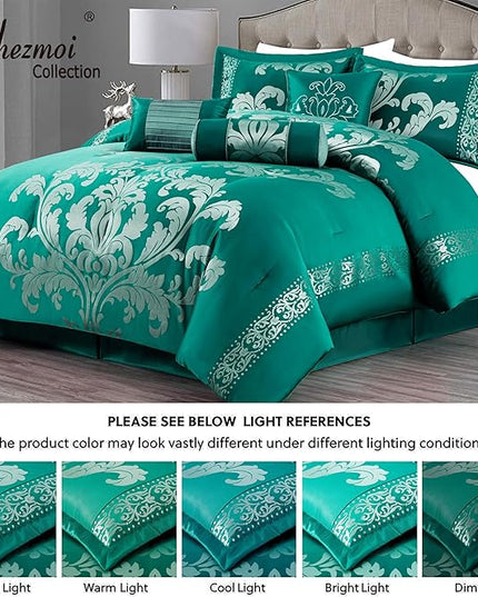 Chezmoi Collection 7-Piece Jacquard Floral Comforter Set (King, Green/Silver) - LeafyLoom