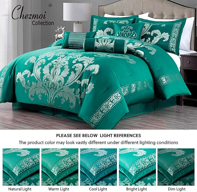Chezmoi Collection 7-Piece Jacquard Floral Comforter Set (California King, Green/Silver) - LeafyLoom