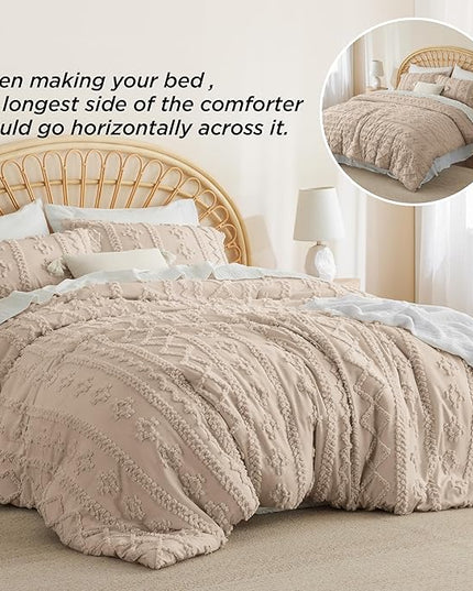 Bedsure Tufted Boho Comforter Set King - Khaki Boho Bedding Comforter Set, 3 Pieces Farmhouse Shabby Chic Embroidery Bed Set, Soft Jacquard Comforter for All Seasons - LeafyLoom