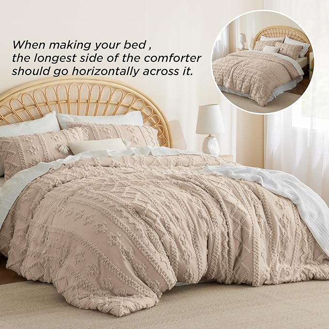 Bedsure Tufted Boho Comforter Set King - Khaki Boho Bedding Comforter Set, 3 Pieces Farmhouse Shabby Chic Embroidery Bed Set, Soft Jacquard Comforter for All Seasons - LeafyLoom