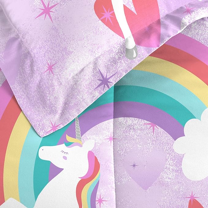 dream FACTORY Kids 5-Piece Complete Set Easy-Wash Super Soft Microfiber Comforter Bedding, Twin, Purple Unicorn Rainbow - LeafyLoom