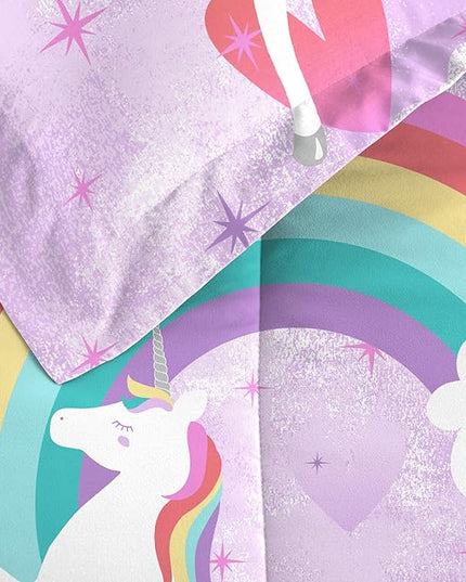 dream FACTORY Kids 7-Piece Complete Set Easy-Wash Super Soft Microfiber Comforter Bedding, Full, Purple Unicorn Rainbow - LeafyLoom