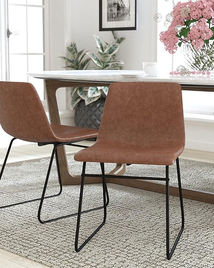 Flash Furniture Butler 18 Inch Commercial Grade LeatherSoft Dining Table Height Chair, Mid-Back Black Sled Base with Light Brown LeatherSoft Upholstery, Set of 2 - LeafyLoom