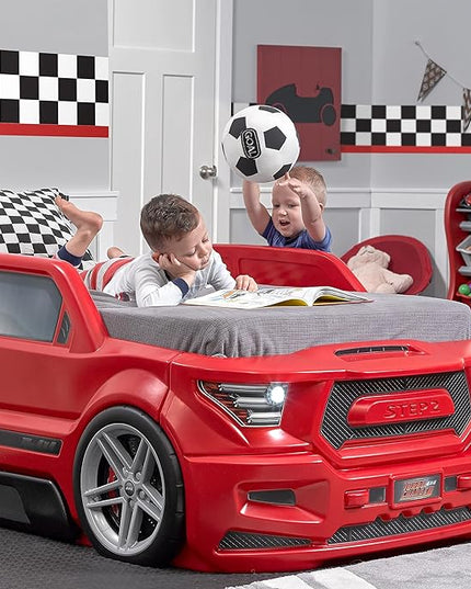 Step2 Turbocharged Twin Size Truck Car Bed, Car Bed for Boys and Girls, Working Headlights & Built-In Storage, Toddlers Ages 3+ Years Old, Adult Assembly Required, Vibrant Red - LeafyLoom
