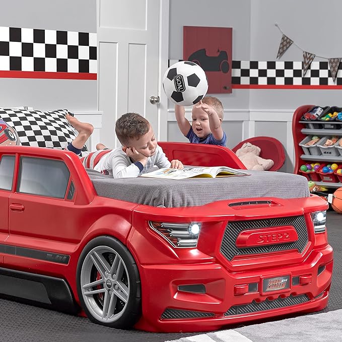 Step2 Turbocharged Twin Size Truck Car Bed, Car Bed for Boys and Girls, Working Headlights & Built-In Storage, Toddlers Ages 3+ Years Old, Adult Assembly Required, Vibrant Red - LeafyLoom
