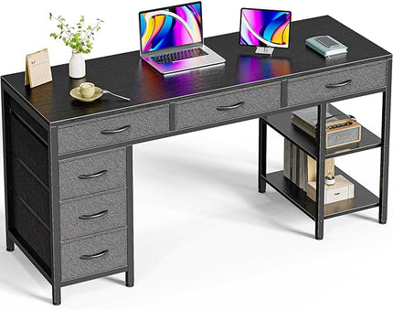 Computer Desk with 6 Drawers, 54 Inch Office Desk with Shelves, Reversible Gaming Desk, Corner Desk with Storage, Work Desk for Home Office, Study, Living Room, Black - LeafyLoom