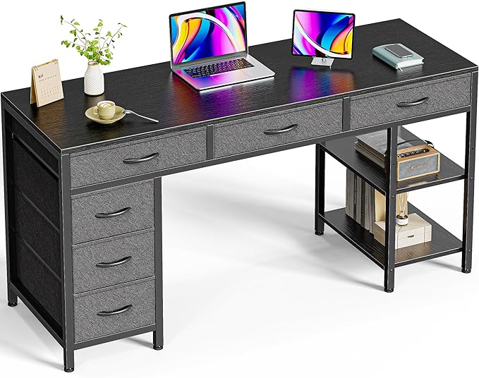 Computer Desk with 6 Drawers, 54 Inch Office Desk with Shelves, Reversible Gaming Desk, Corner Desk with Storage, Work Desk for Home Office, Study, Living Room, Black - LeafyLoom