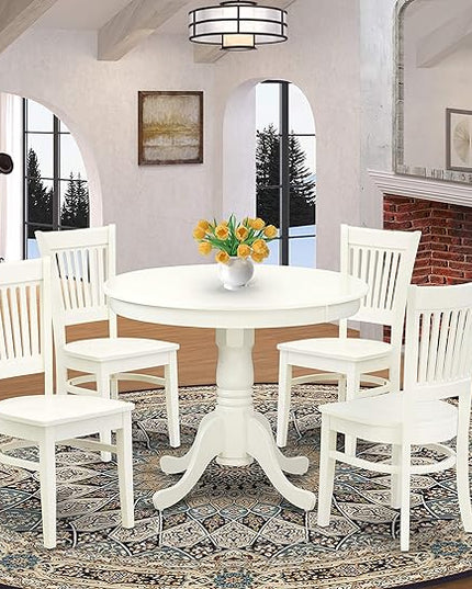 East West Furniture ANVA5-LWH-W 5 Piece Kitchen Table Set for 4 Includes a Round Dining Room Table with Pedestal and 4 Solid Wood Seat Chairs, 36x36 Inch, Linen White - LeafyLoom