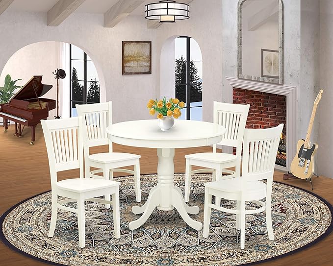 East West Furniture ANVA5-LWH-W 5 Piece Kitchen Table Set for 4 Includes a Round Dining Room Table with Pedestal and 4 Solid Wood Seat Chairs, 36x36 Inch, Linen White - LeafyLoom