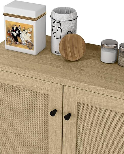 Panana Rattan Decorated 2 Doors Storage Cabinet Accent Cabinet Living Room Cupboard Kitchen Sideboard Buffet Table (Natural) - LeafyLoom