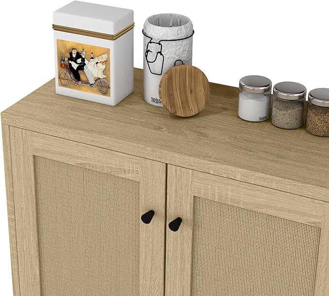 Panana Rattan Decorated 2 Doors Storage Cabinet Accent Cabinet Living Room Cupboard Kitchen Sideboard Buffet Table (Natural) - LeafyLoom