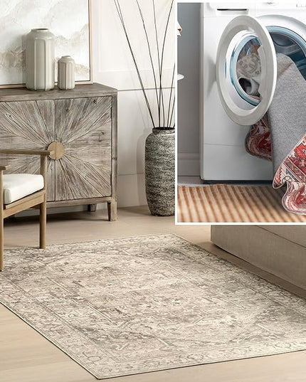 nuLOOM 6 Square Machine Washable Rain Haven Vintage Medallion Area Rug, Grey, Traditional Faded Design, Non-Slip Backing, Stain Resistant, For Bedroom, Dining Room, Living Room, Kitchen - LeafyLoom