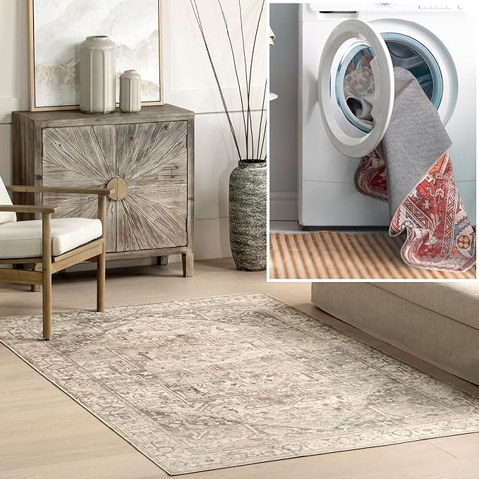 nuLOOM 6 Square Machine Washable Rain Haven Vintage Medallion Area Rug, Grey, Traditional Faded Design, Non-Slip Backing, Stain Resistant, For Bedroom, Dining Room, Living Room, Kitchen - LeafyLoom