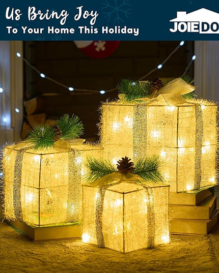 Joiedomi Christmas Lighted Gift Boxes, Christmas Decorations Set of 3, Light up Present Boxes, 60 LED Warm White Lights for Indoor Holiday Décor, Christmas Eve Night Décor Joiedomi