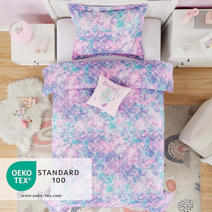 KALEIDOSPACE Pink Comforter Twin for Kids, Glow in The Dark Mermaid Bedding Sets with Decor Pillow, 3 Pieces Girls Bed Set - LeafyLoom