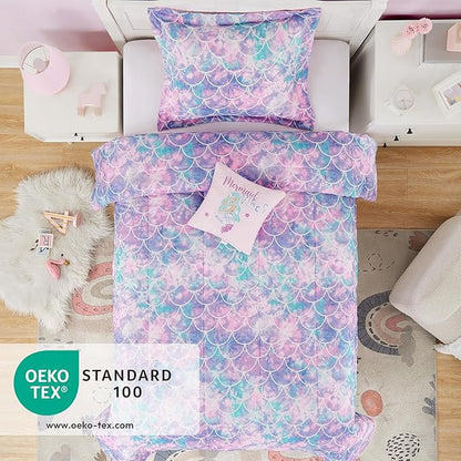 KALEIDOSPACE Pink Comforter Twin for Kids, Glow in The Dark Mermaid Bedding Sets with Decor Pillow, 3 Pieces Girls Bed Set - LeafyLoom