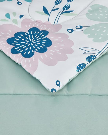 Amazon Basics 5 Piece Microfiber Kid's Bed-in-a-Bag Bedding Set, Twin, Bluish Flowers, Floral - LeafyLoom