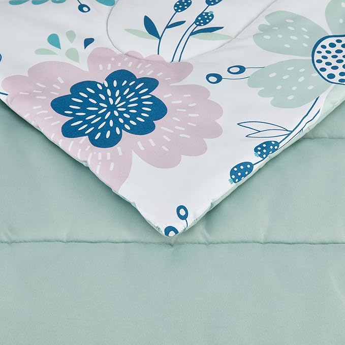 Amazon Basics 5 Piece Microfiber Kid's Bed-in-a-Bag Bedding Set, Twin, Bluish Flowers, Floral - LeafyLoom