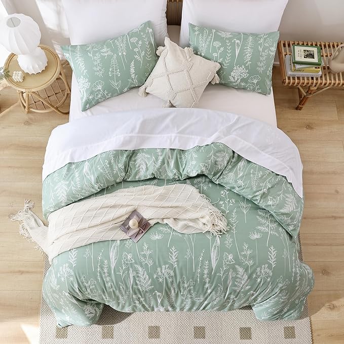 JANZAA California King Comforter Set Sage Green Comforter 3 PCS Bedding Sets Floral Comforter Set Plant Flowers Printed on Fluffy Comforter Set with 2 Pillow Cases for All Season - LeafyLoom