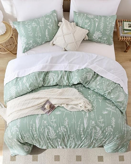 JANZAA Sage Green Comforter Twin Comforter Set,2 PCS Bedding Sets Floral Comforter Set Plant Flowers Printed on Fluffy Comforter Set for All season - LeafyLoom