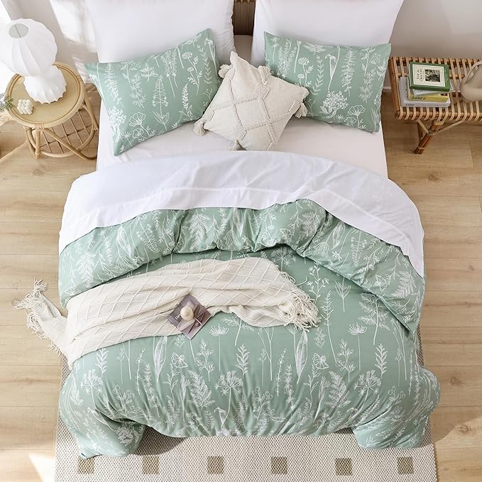 JANZAA Sage Green Comforter Twin Comforter Set,2 PCS Bedding Sets Floral Comforter Set Plant Flowers Printed on Fluffy Comforter Set for All season - LeafyLoom